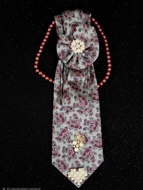 Elegant Paisley Necktie Necklace with Pearl Brooches - Gray & Burgundy
